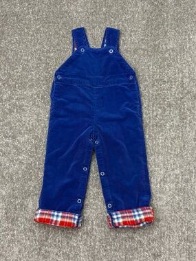 Vintage Happy Kids Corduroy Overalls Size 24 Months Blue w/ Plaid Lining